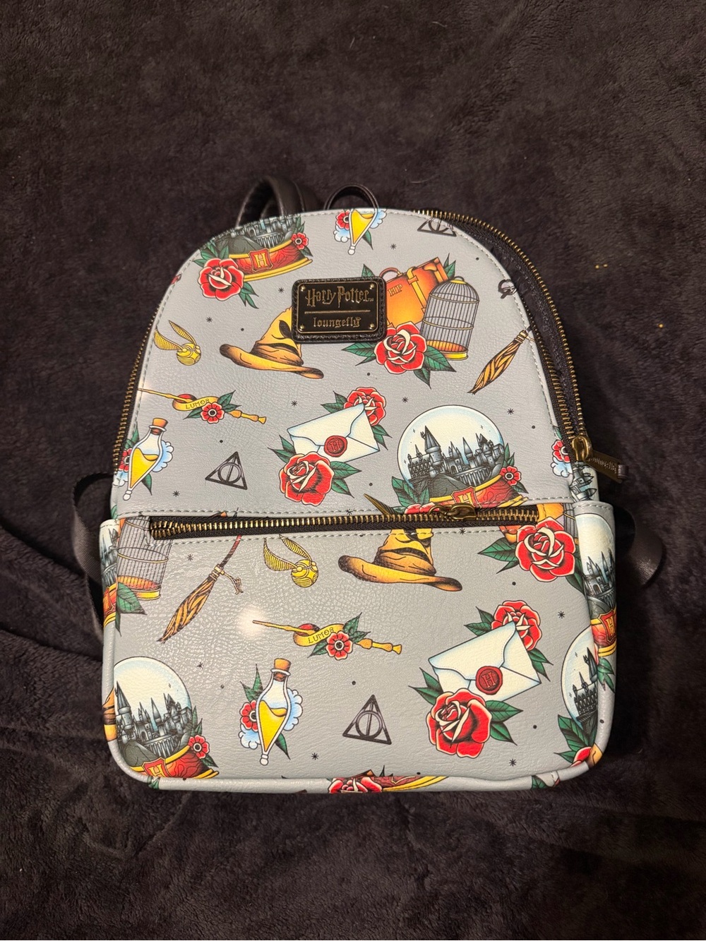 Loungefly Harry Potter Mini Backpack in Light Gray with Red & Gold Accents